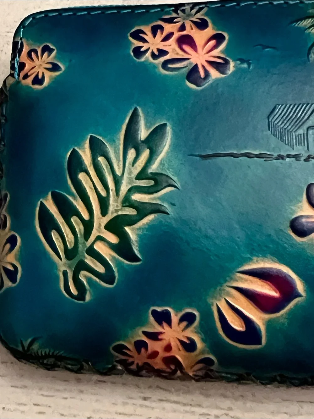 Hand-Painted Leather Teal Floral Wristlet Wallet - Anuschka Style *NWT*